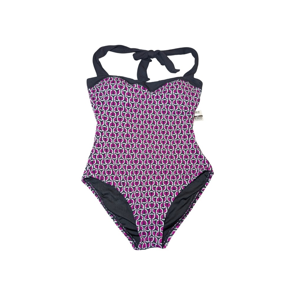 ⭐D3 Lands End Swimsuit Textured Halter Geometric Design Purple/White/Black - M